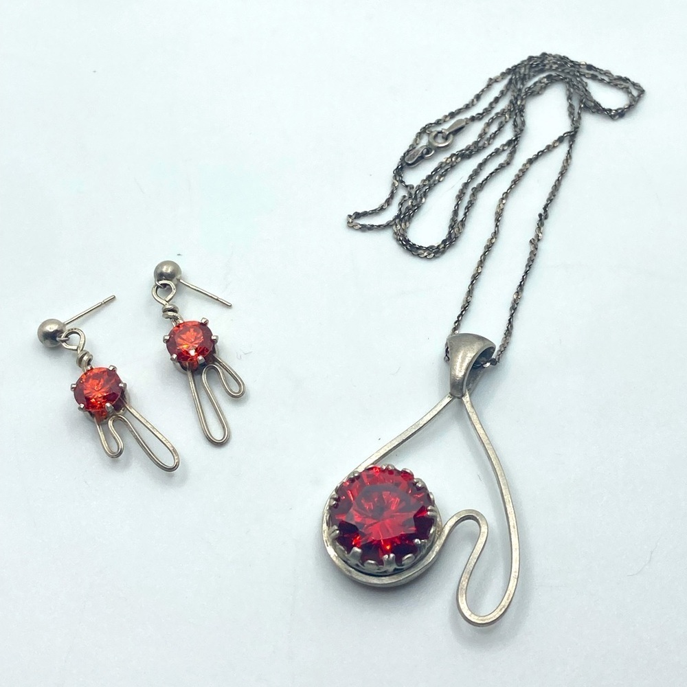 VTG Sterling Abstract Reddish Orange Stone Necklace & Earrings Set 23”+ 2” 1.5”